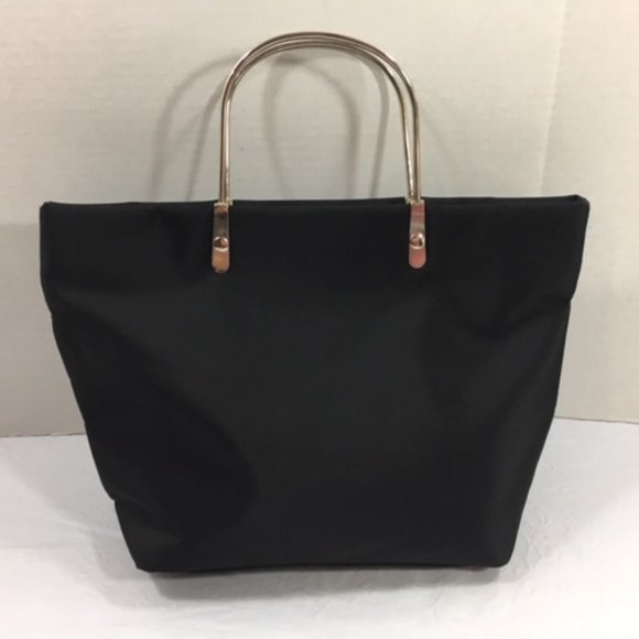 Black Nylon Mini Zip Tote Bag with Silver Toned Metal Handles 8"x9" - Picture 2 of 13